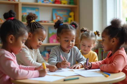 Enfants de divers horizons partageant une activité créative en classe