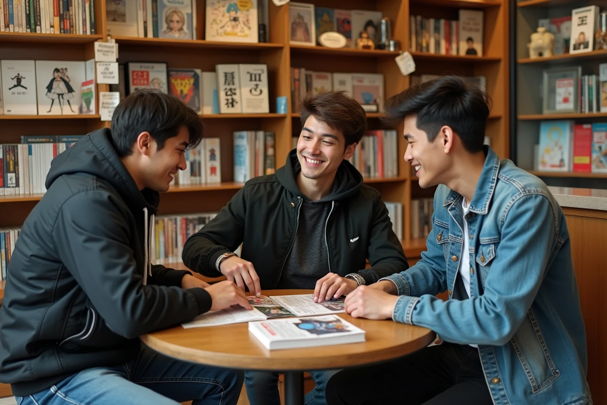 Groupe de jeunes fans de manga discutant dans une librairie spécialisée manga à Paris
