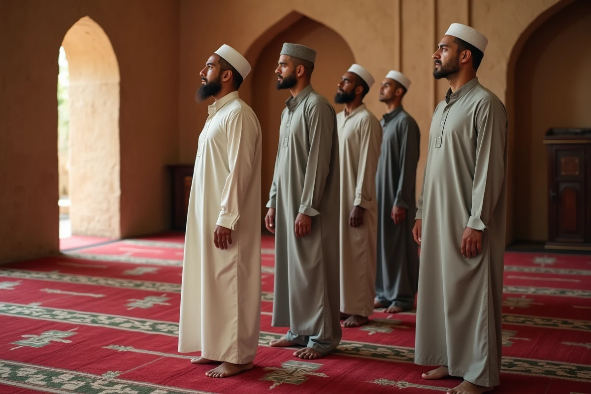 Groupe d'hommes en prière collective de Maghreb dans une petite mosquée de quartier aux tapis traditionnels