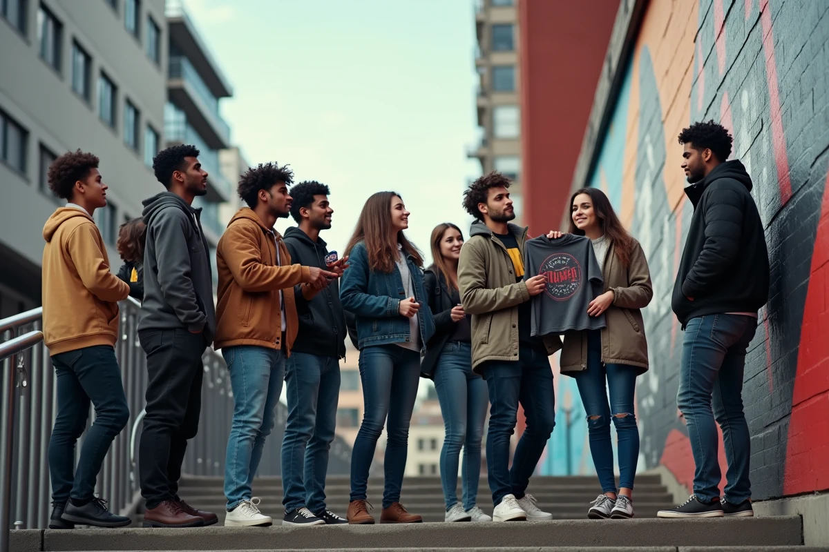 Groupe de jeunes discutant devant un mural urbain inspiré de Gears of War