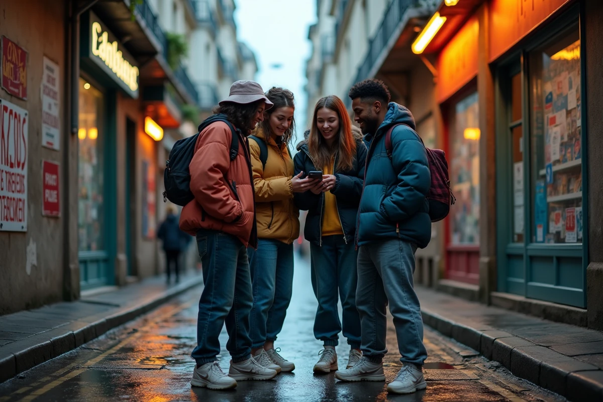 Groupe de jeunes passionnés de musique techno dans une ruelle urbaine parisienne autour d'un smartphone