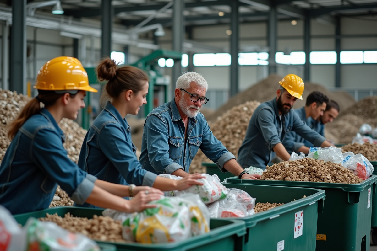 Groupe de jeunes triant des matériaux dans une usine de recyclage