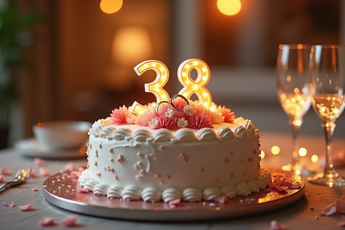 Gâteau d anniversaire personnalisé avec 38 et alliances en décoration