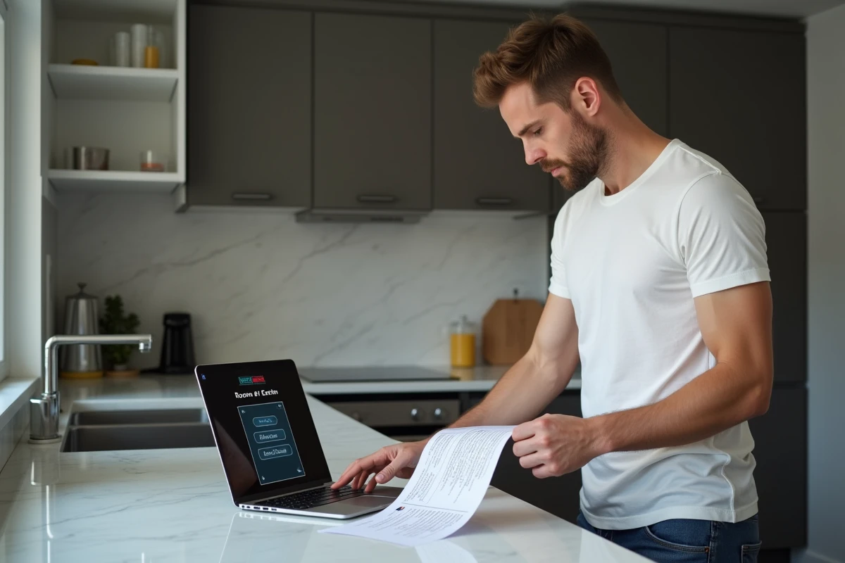 Homme consultant un guide imprimé de solution pour avancer dans les chapitres de Rooms et Exit