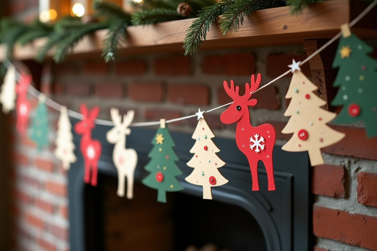 Guirlande de Noël artisanale en papier avec rennes, flocons et sapins découpés suspendue sur un manteau de cheminée rustique