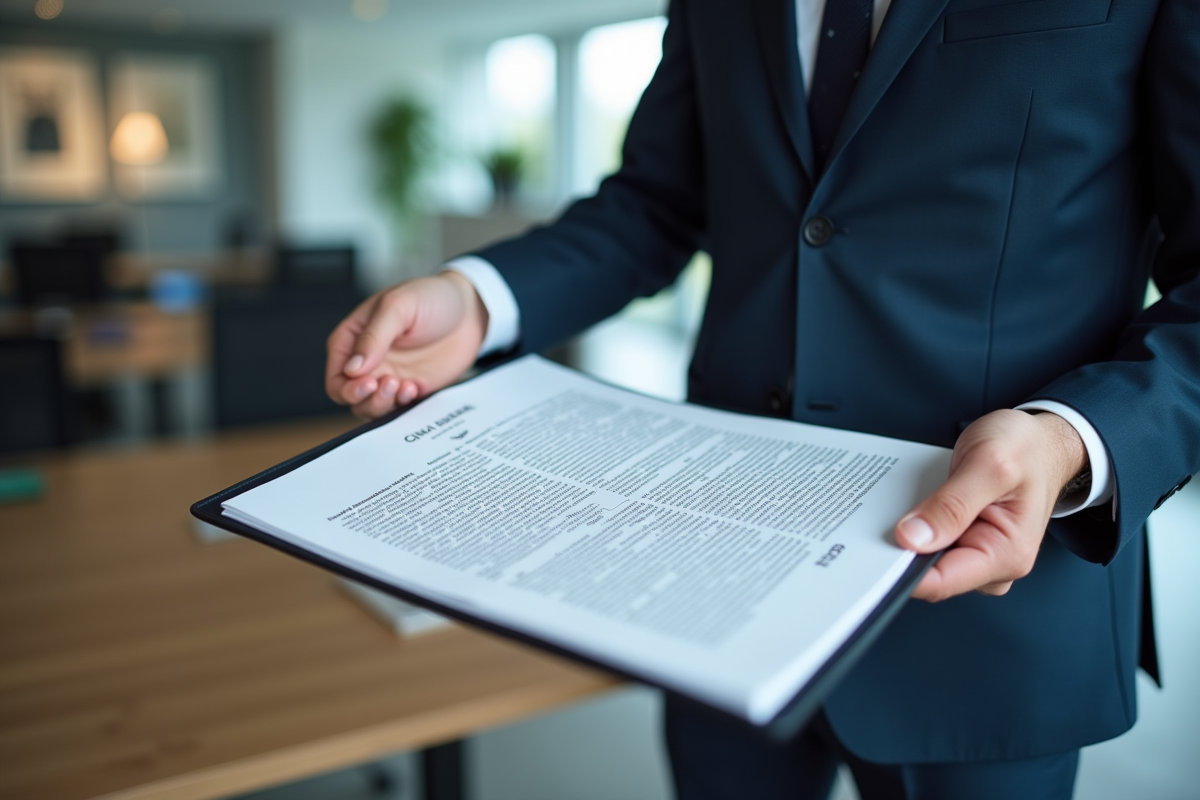 Professionnel en costume soulignant une page du code civil français