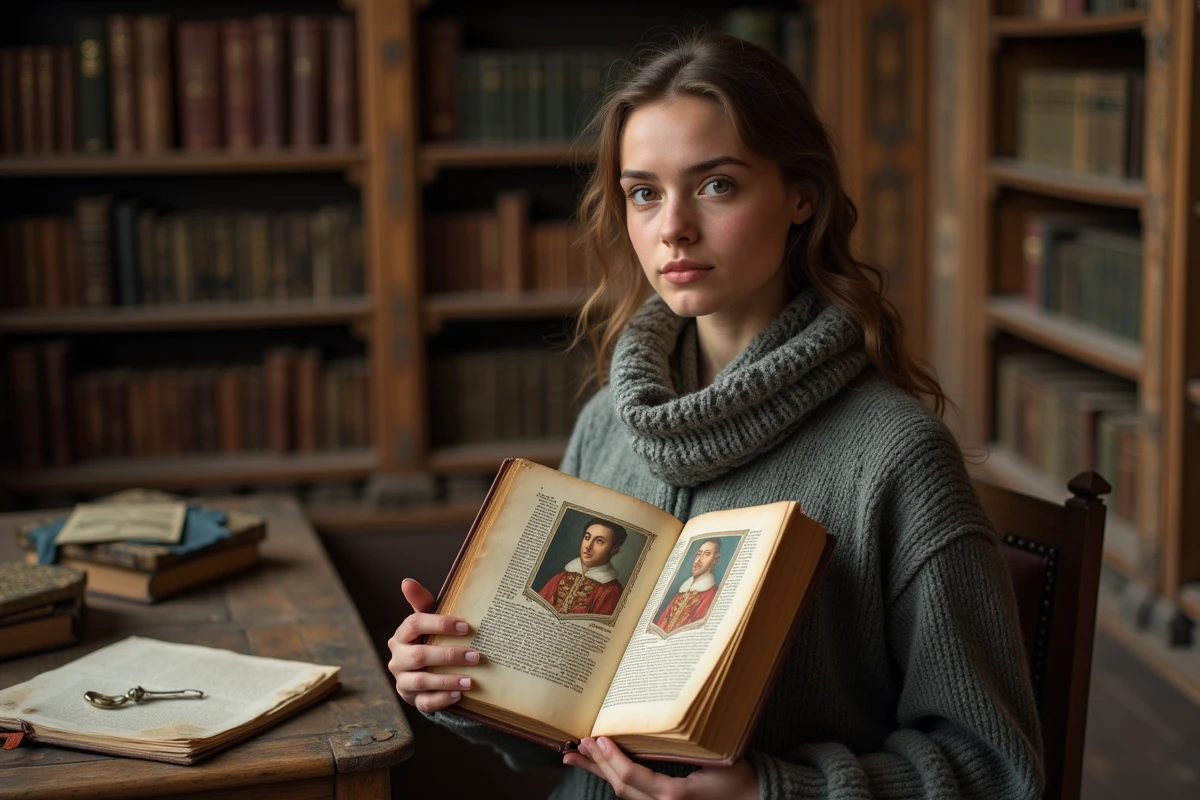 Jeune femme historienne avec manuscrit dans une bibliothèque ancienne