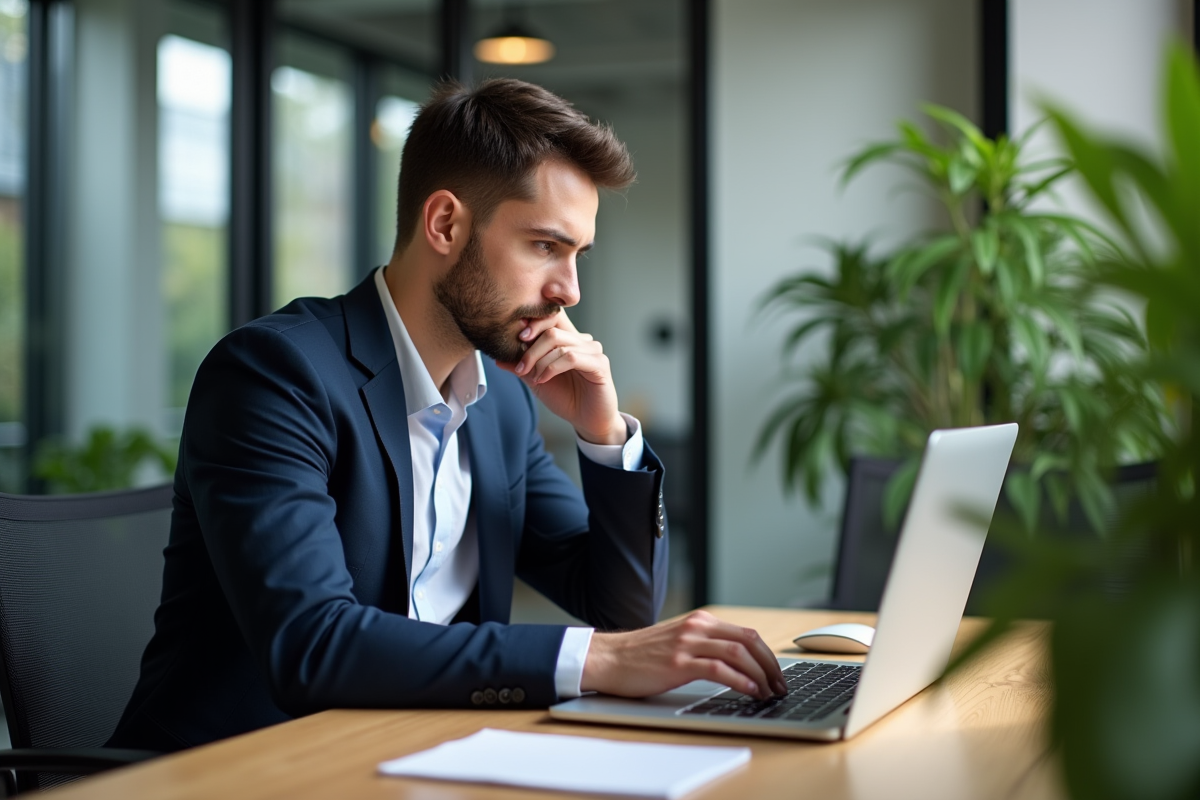 Jeune homme en costume examinant son ordinateur avec symboles crypto