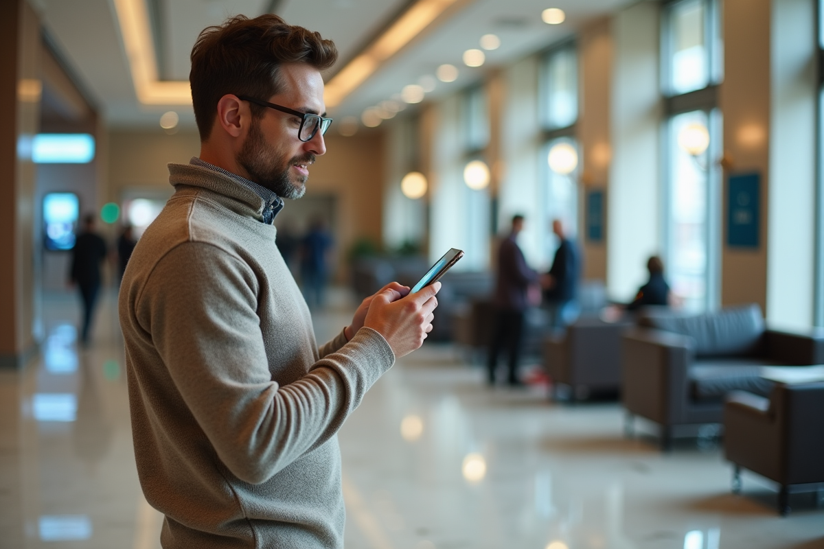 Homme d age moyen vérifiant infos sur smartphone