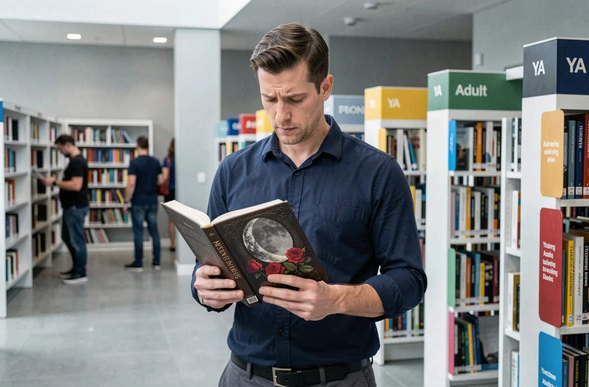 Homme adulte lisant la quatrième de couverture d'un roman romantasy dans la section young adult d'une bibliothèque moderne