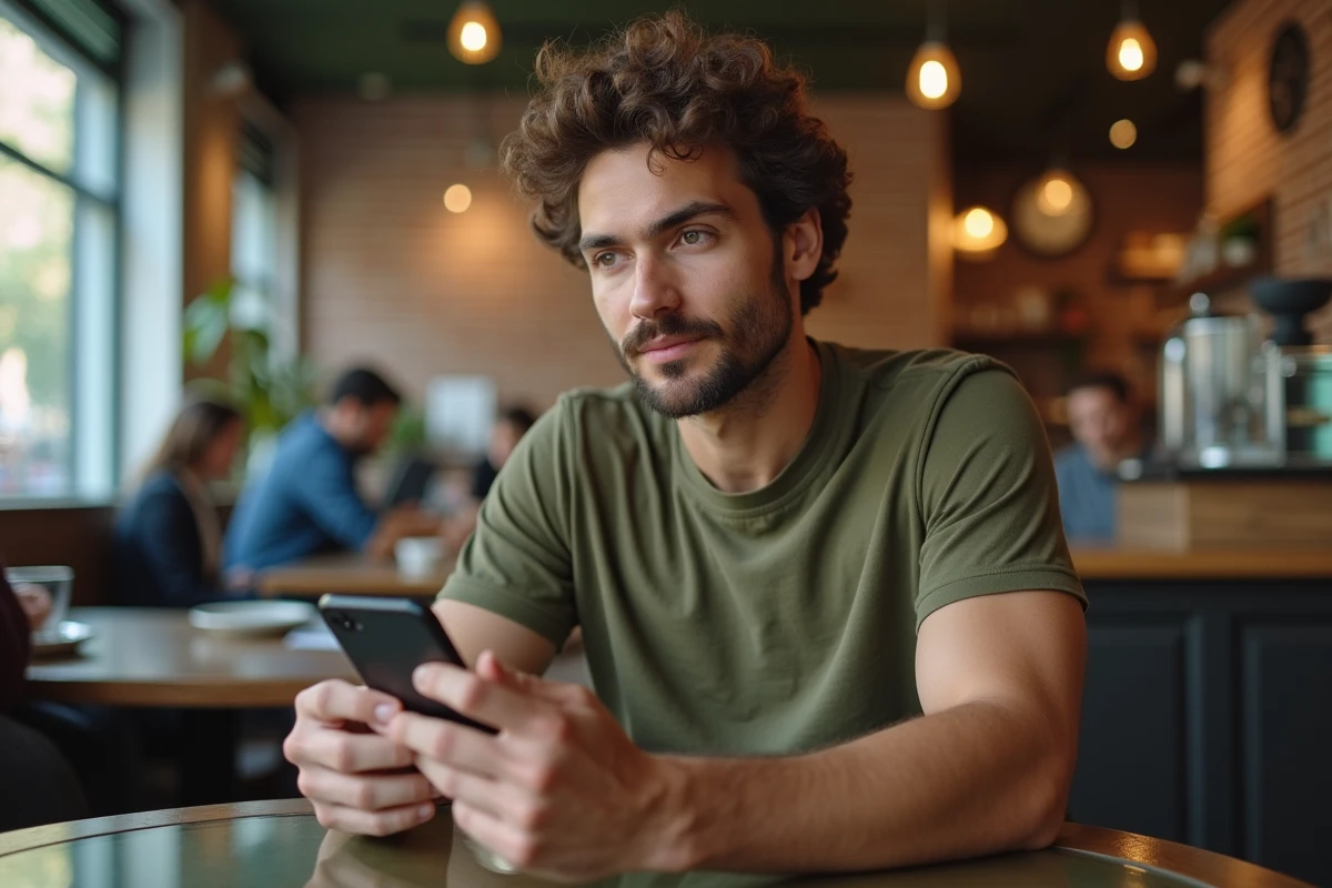 Homme utilisant un code ami sur son smartphone dans un café urbain pour une application de récompenses