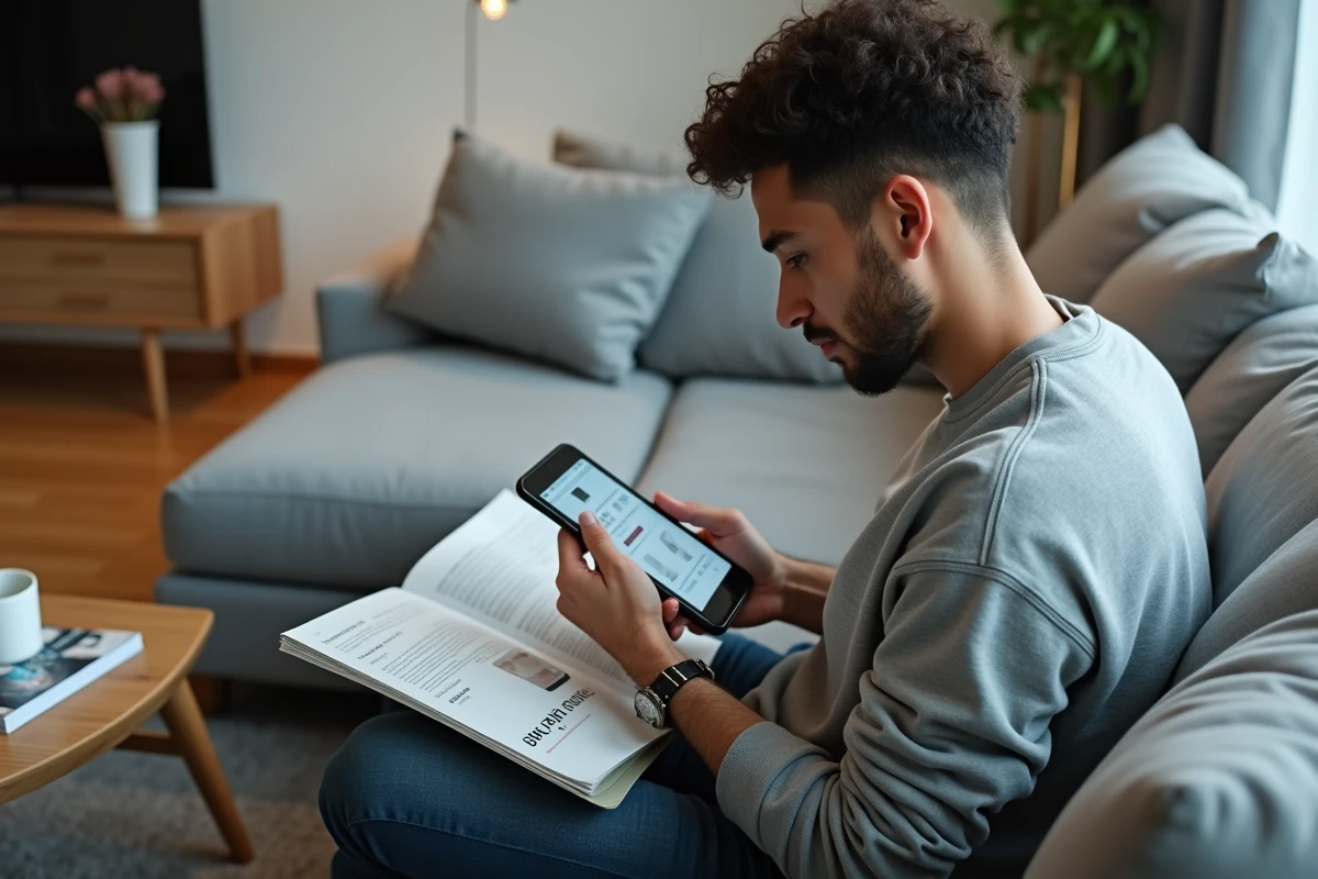 Homme utilisant un code promo sur smartphone pour acheter le magazine Garan Cedore pas cher