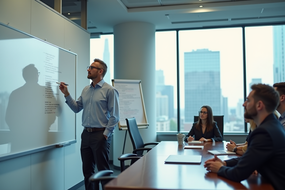 Homme en réunion écrivant du code sur whiteboard