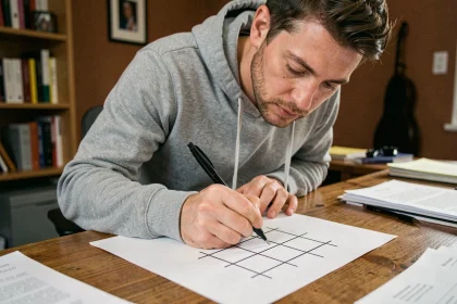 Homme adulte dessinant une grille de morpion sur papier avec un stylo noir, vu en plongée sur un bureau en bois dans un bureau à domicile