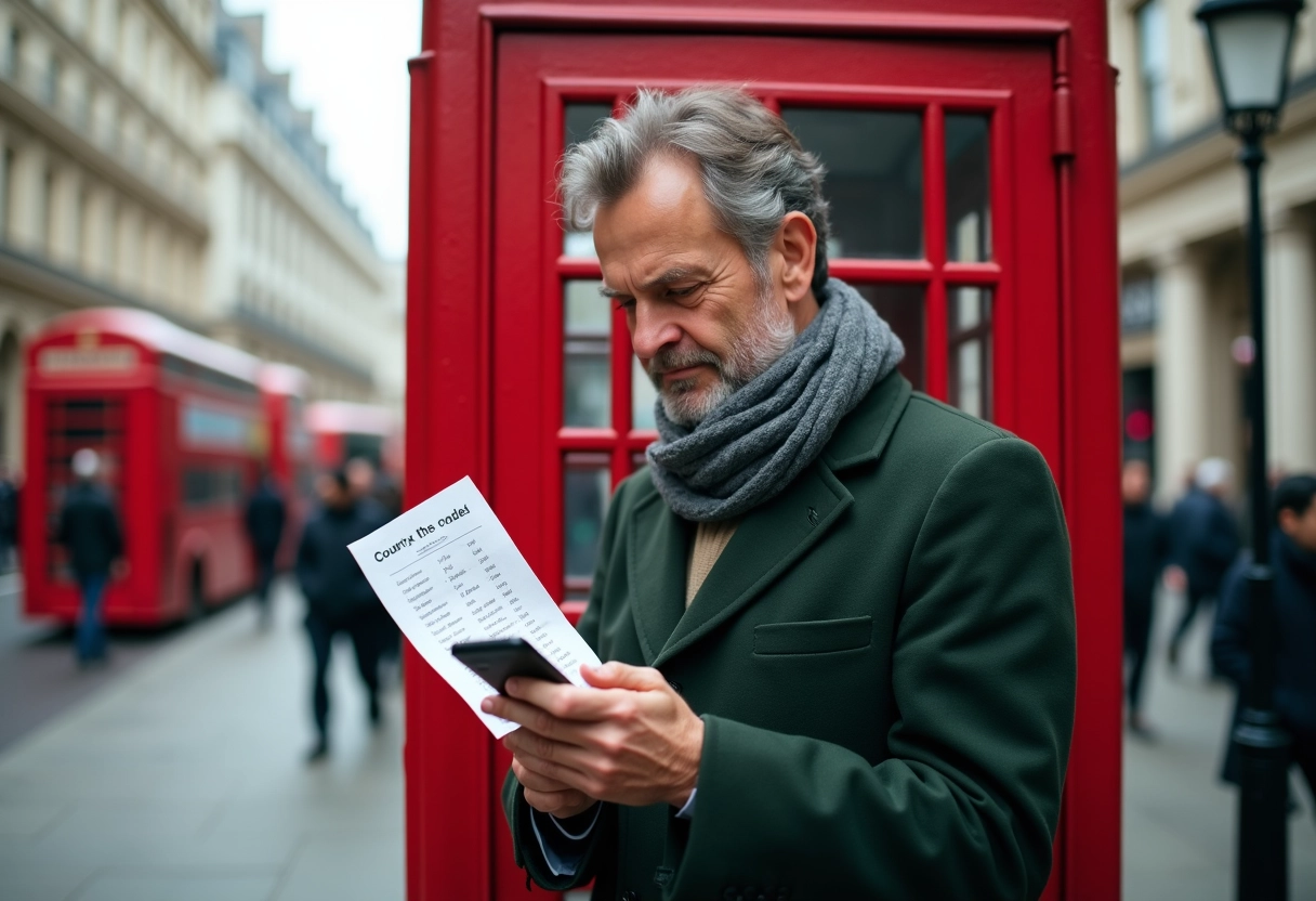 Homme regardant une liste de codes pays devant une cabine téléphonique