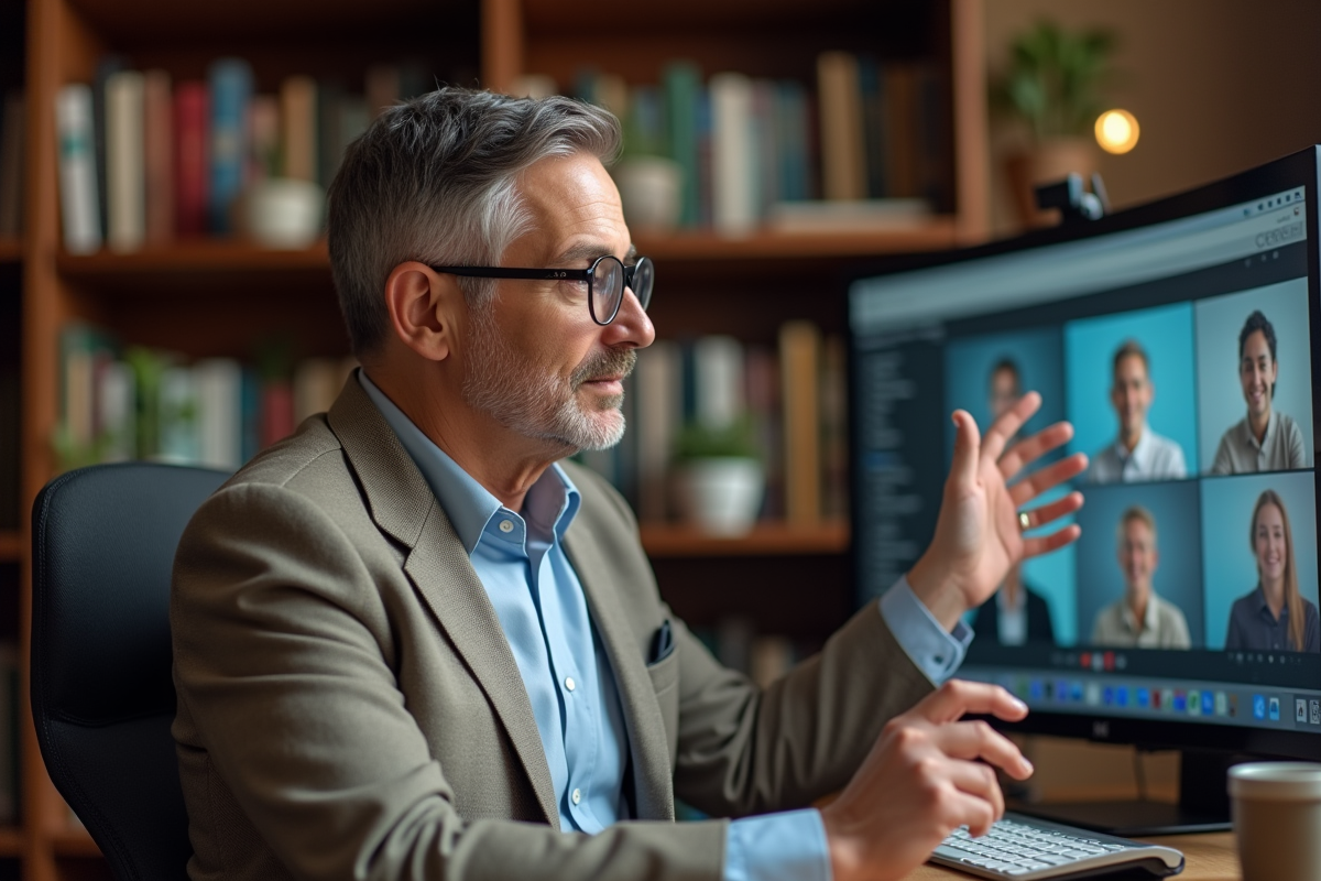 Homme en formation en ligne dans sa bibliothèque à la maison