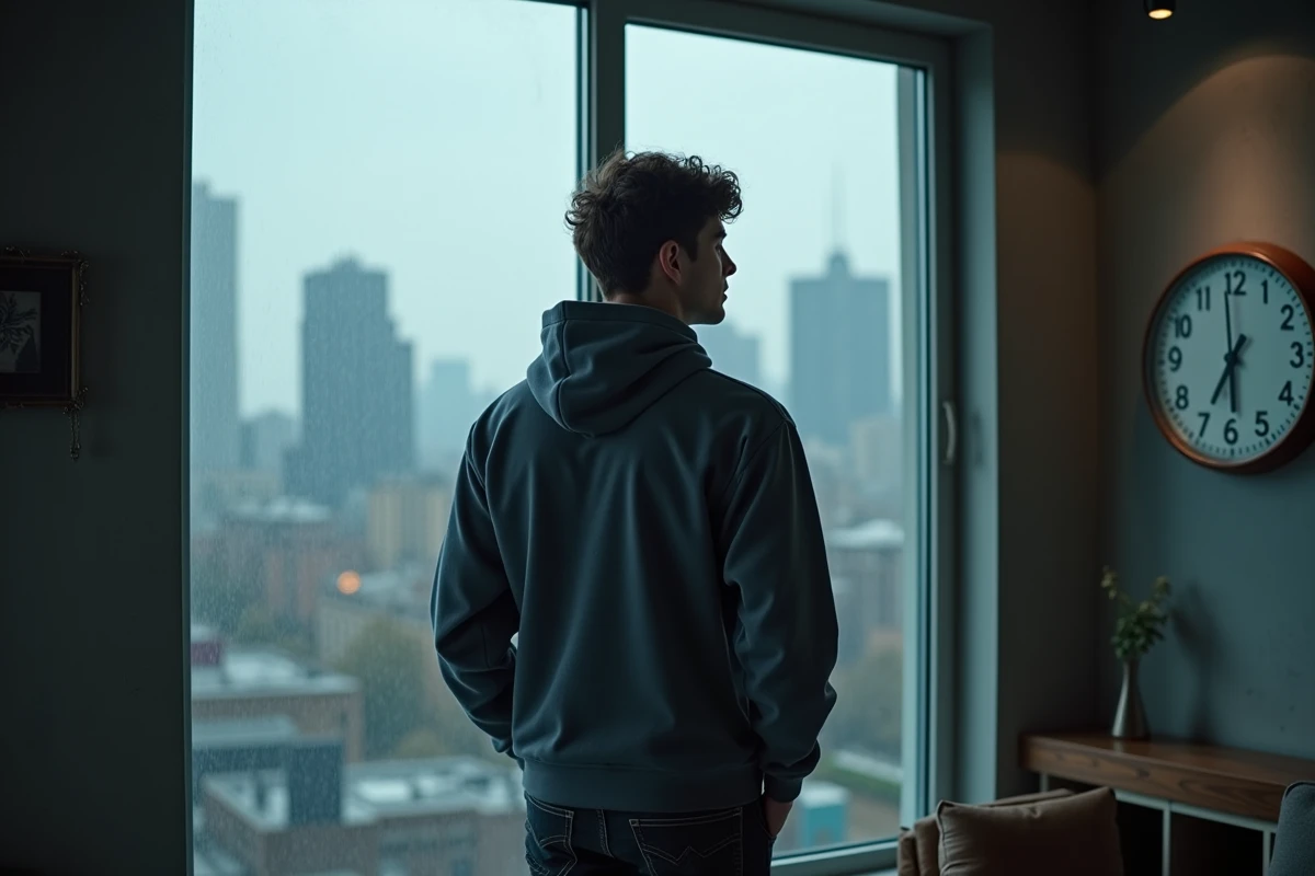 Homme tenant une horloge affichant 11h11 devant une fenêtre d'appartement urbain, regard perdu dans ses pensées sur quelqu'un
