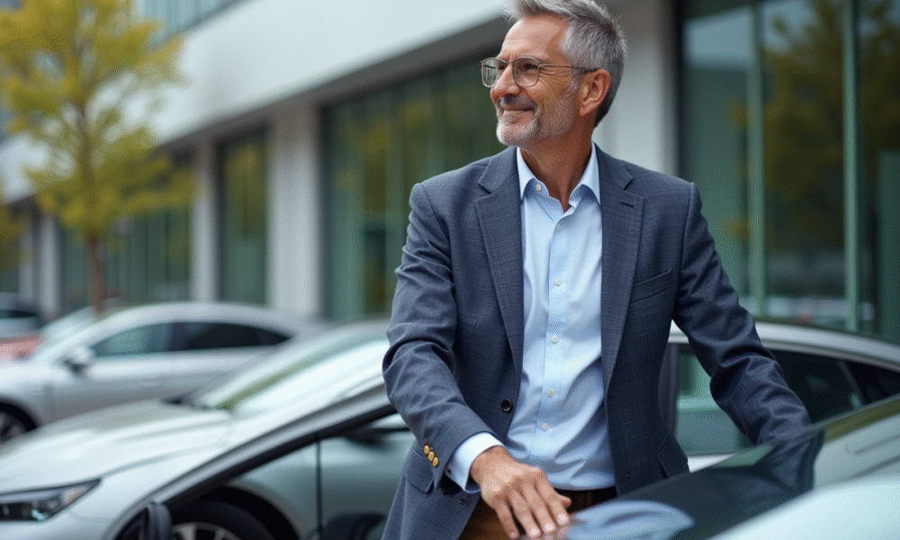 Homme d'âge moyen inspectant une voiture à hydrogène en concession