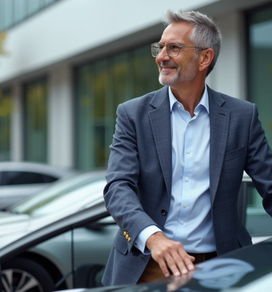 Homme d'âge moyen inspectant une voiture à hydrogène en concession