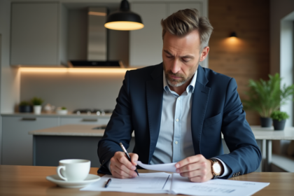 Homme d'âge moyen en blazer bleu examine des documents immobiliers