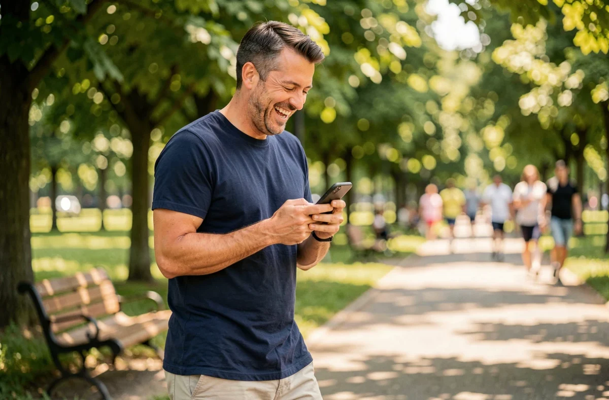 Homme riant en lisant un message de vœux de vacances sur son téléphone dans un parc en été