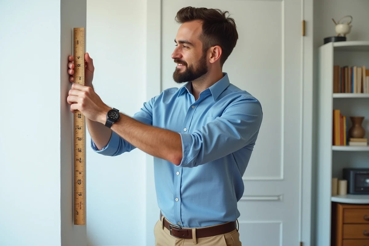 Homme mesurant avec une règle en bois dans un bureau moderne