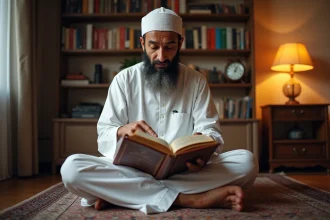 Homme musulman consultant un calendrier islamique des horaires Imsak dans un appartement français avant l'aube