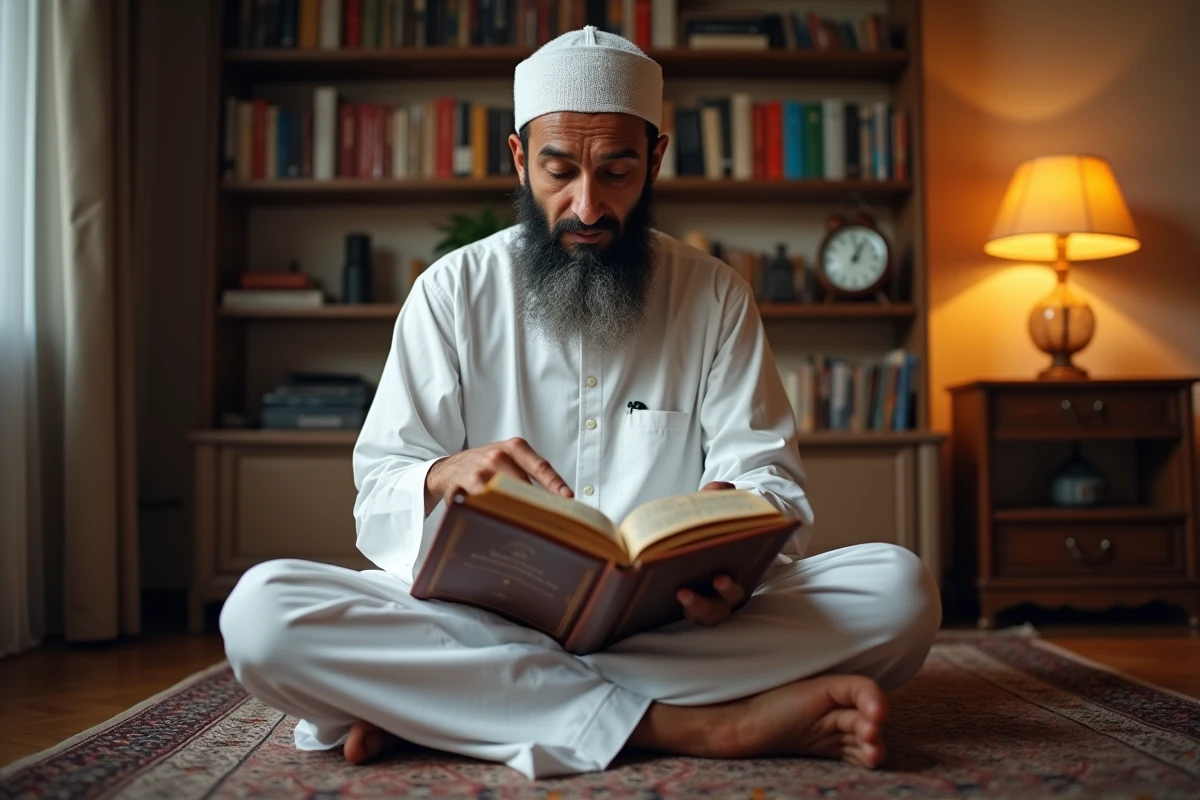 Homme musulman consultant un calendrier islamique des horaires Imsak dans un appartement français avant l'aube