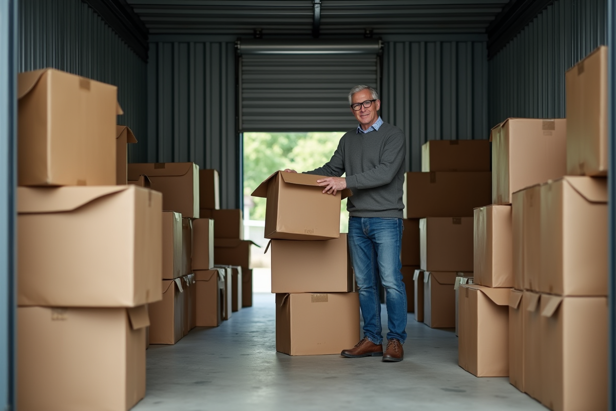 Homme organisant des cartons dans un espace de stockage intérieur