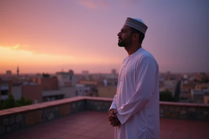 Homme en tenue blanche traditionnelle en recueillement sur une terrasse au coucher du soleil, évoquant la prière de Maghreb