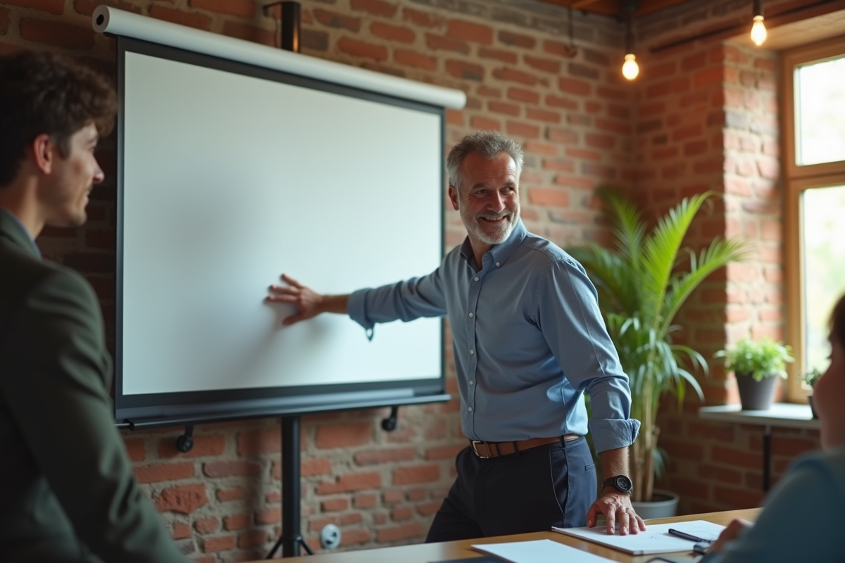 Homme d affaires déployant un écran dans un espace coworking