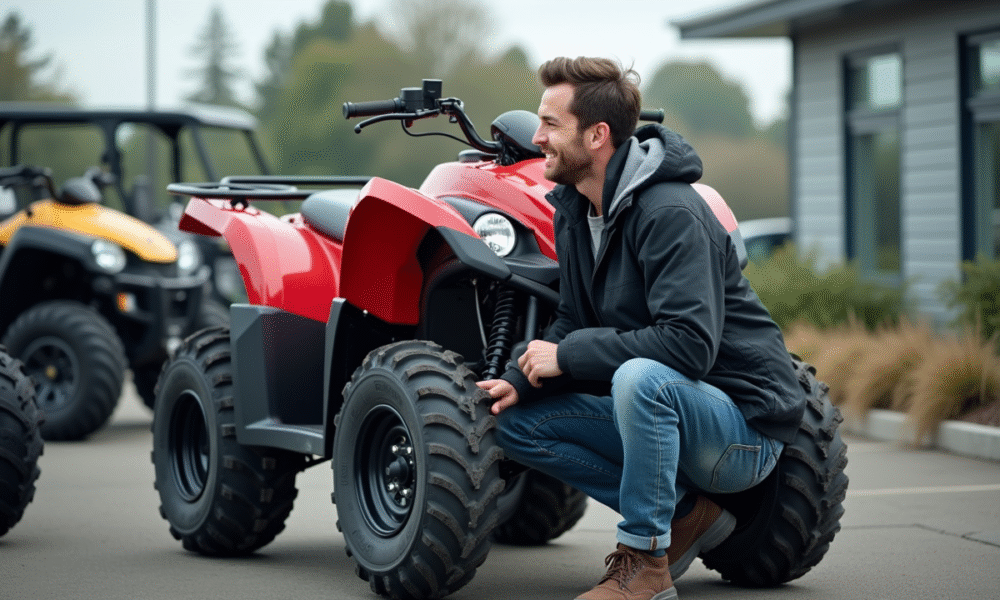 Homme souriant inspectant un quad neuf en concession