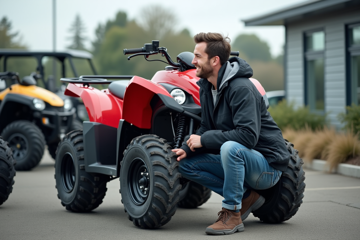 Homme souriant inspectant un quad neuf en concession
