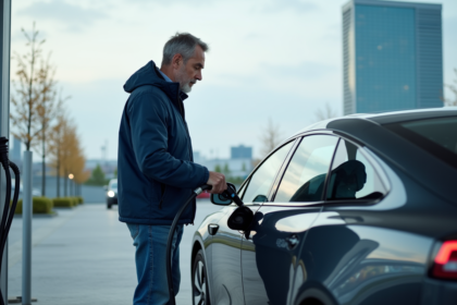 Homme en jeans recharge une voiture hydrogene moderne