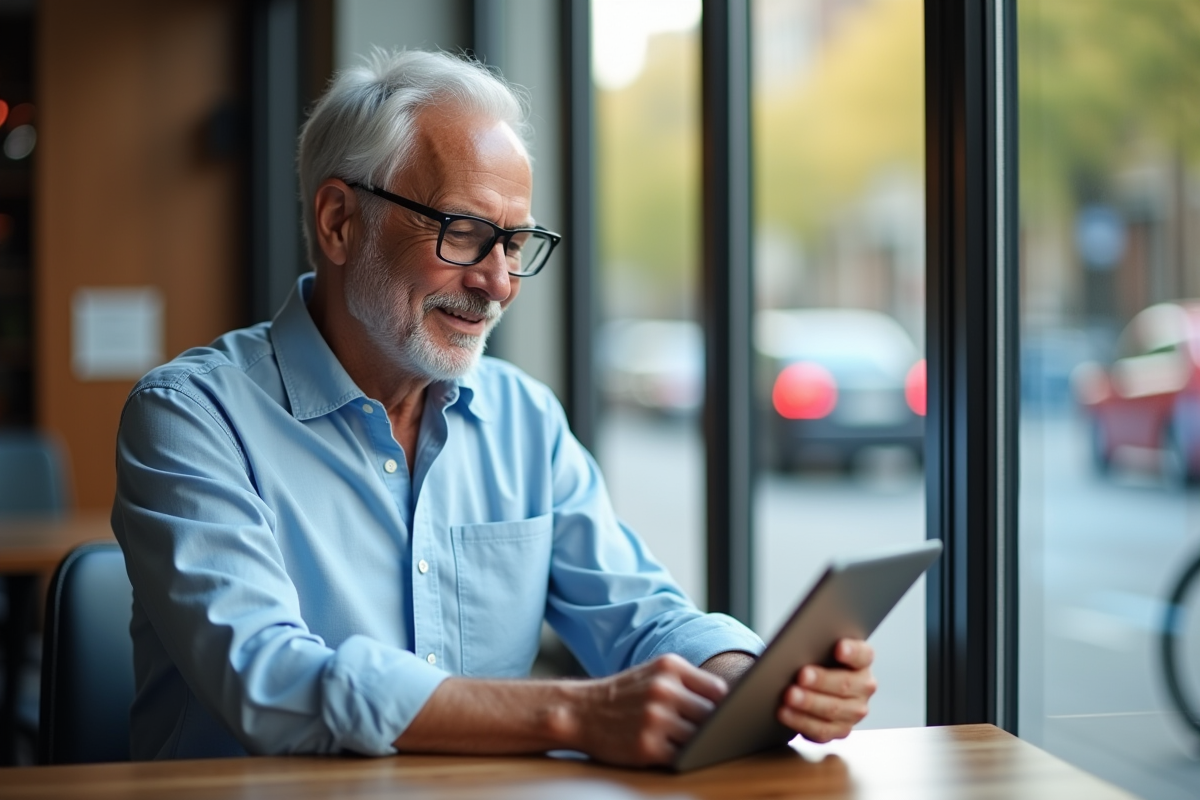 Homme retraité comparant outils de retraite au café