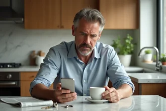 Homme d'âge moyen dans une cuisine lumineuse regarde son smartphone