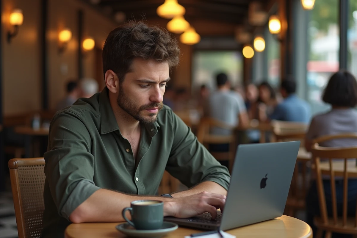 Homme consultant un site de scanlation manga sur son laptop dans un café urbain