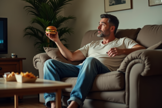 Homme d'âge moyen assis sur un canapé usé avec burger