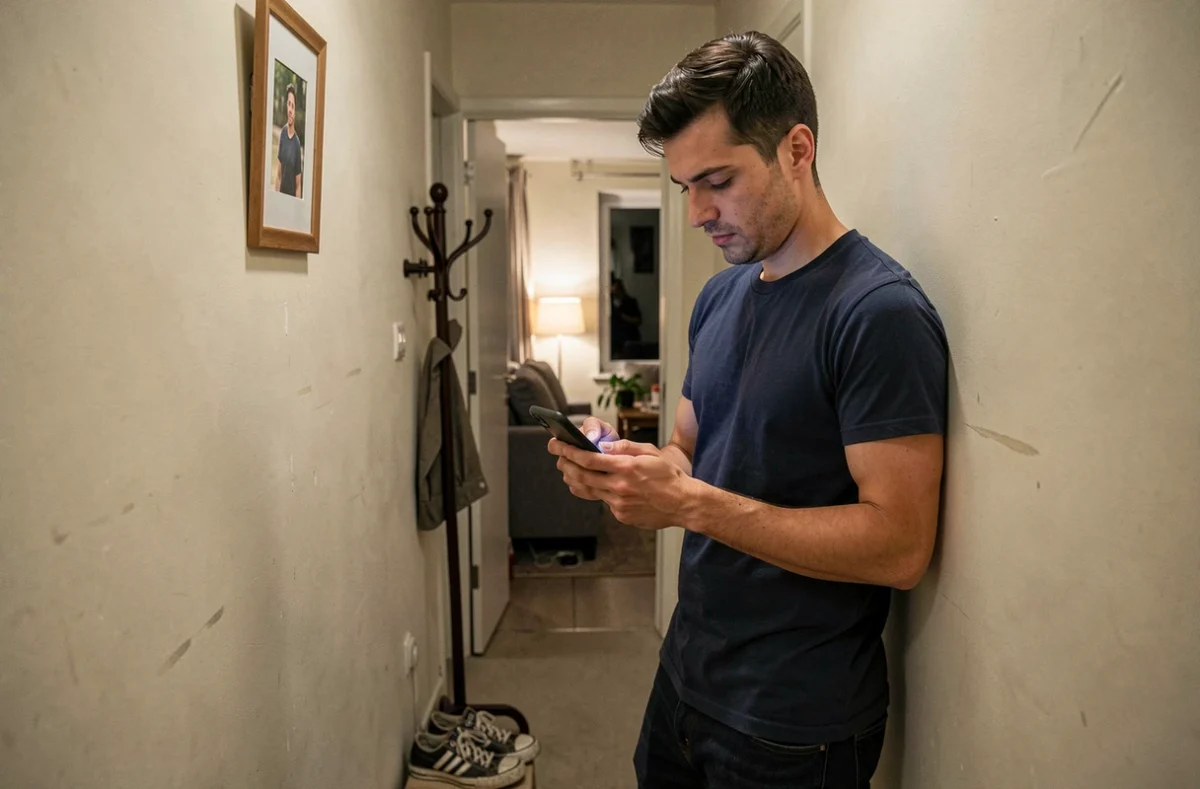 Homme seul dans un couloir regardant son téléphone avec un regard mélancolique, symbolisant l'attente d'un amour non partagé