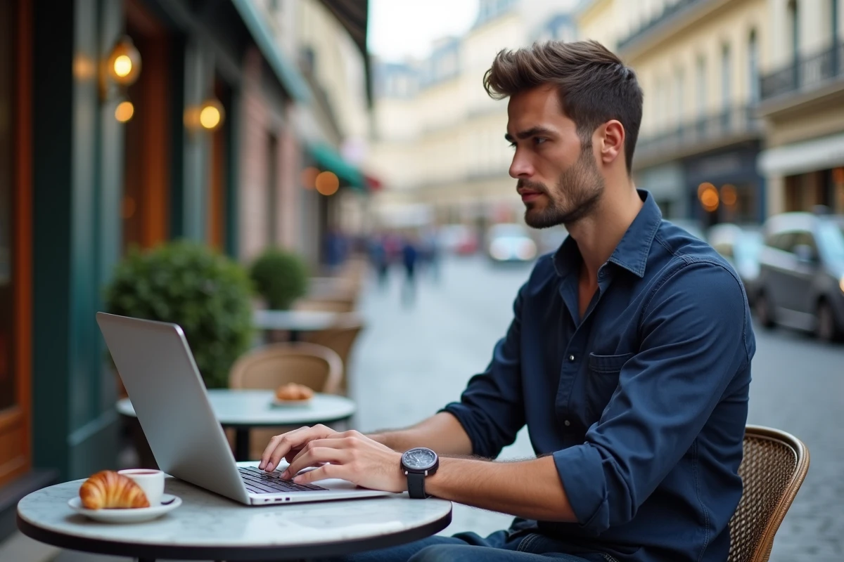 Homme consultant un site de rencontre gratuit sur son ordinateur portable en terrasse de café parisien