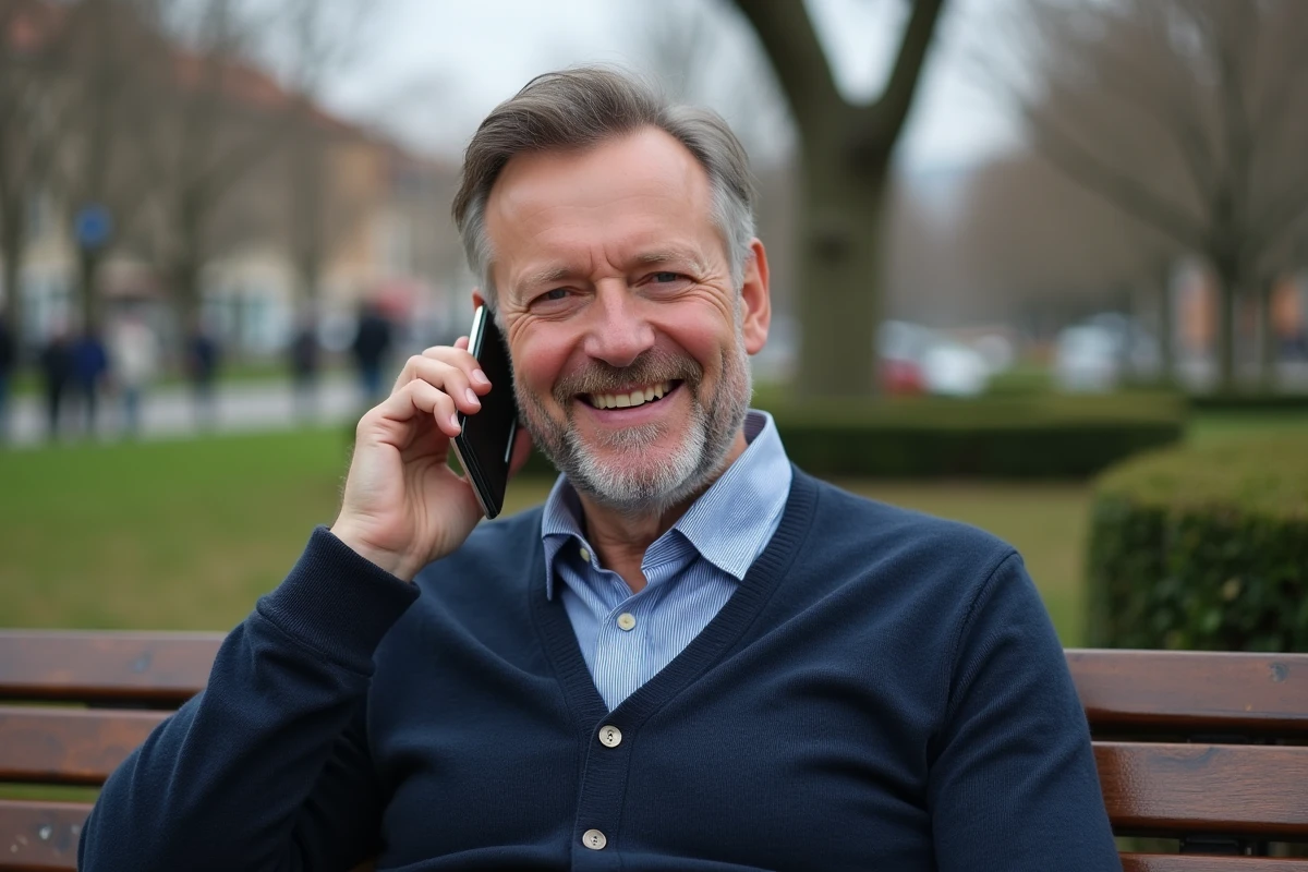 Homme suisse souriant parlant au téléphone dans un parc