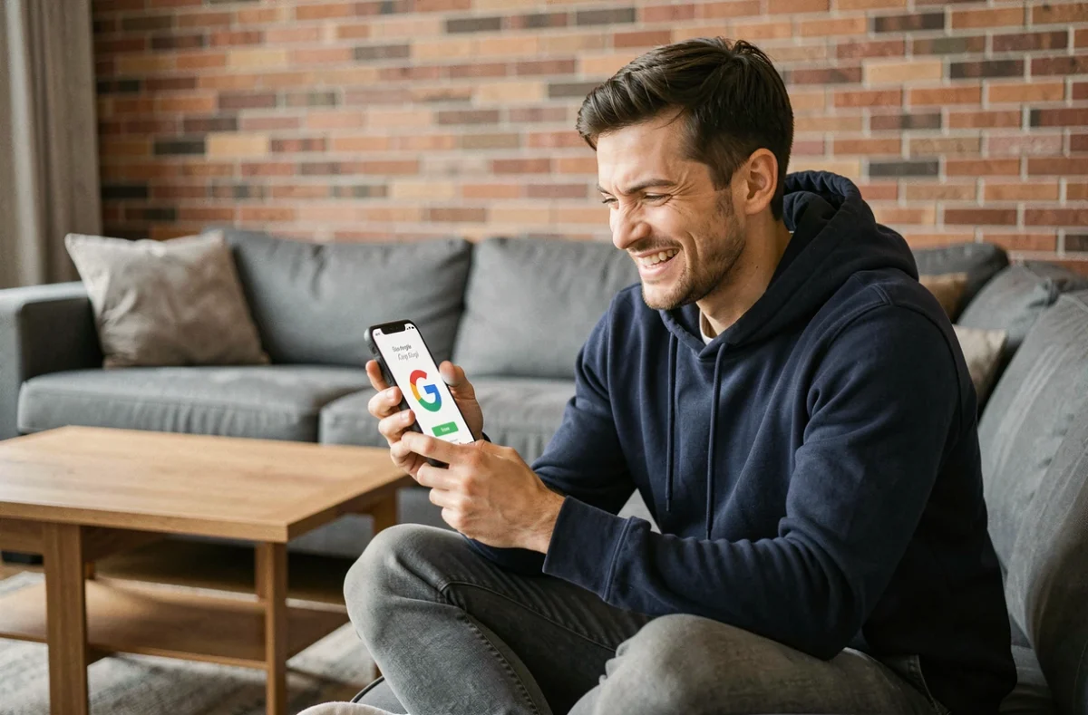 Homme jouant à la toupie Google sur smartphone dans un salon