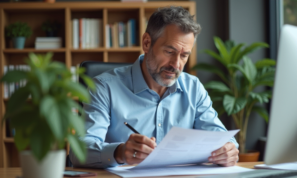 Homme d'âge moyen lisant des documents au bureau