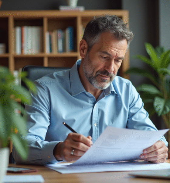Homme d'âge moyen lisant des documents au bureau