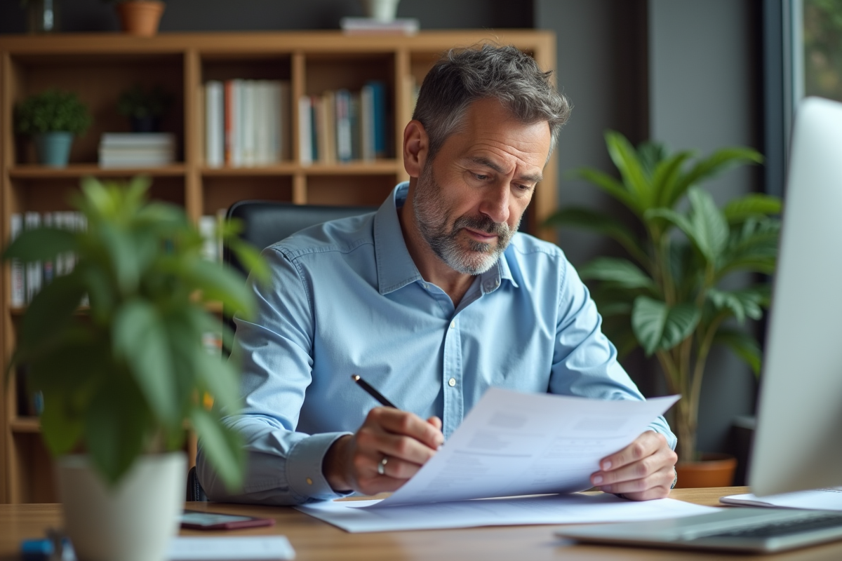 Homme d'âge moyen lisant des documents au bureau