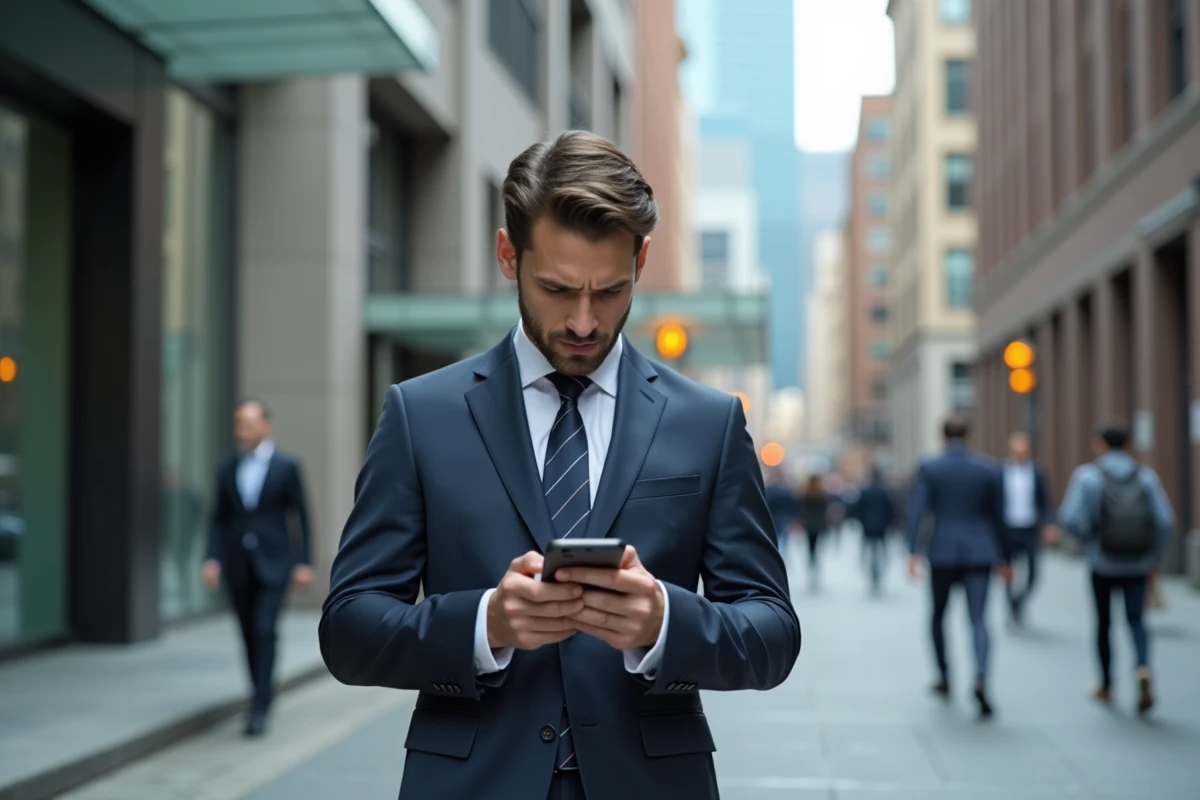 Jeune homme d affaires dans la rue avec téléphone