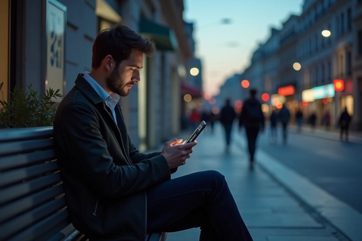 Jeune homme sur un banc en ville vérifiant l