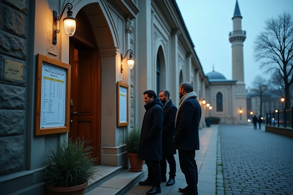 Tableau des horaires Imsak affiché à l'entrée d'une mosquée en France en hiver avec des fidèles