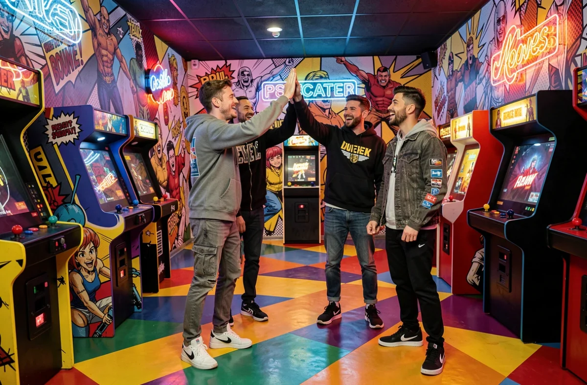 Groupe d'amis en train de fêter leur victoire dans la salle graphique et colorée de l'escape game Hype Games
