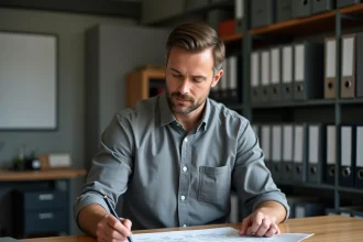 Ingénieur consultant un tableau de conversion litres en mètres cubes sur papier imprimé à son bureau